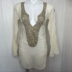 Apsara metallic Gold and Sequined Tunic Top Coverup Ivory Laced Sides Small